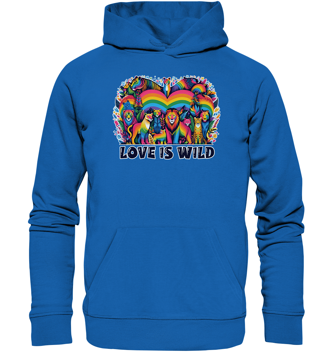 Premium unisex hoodie with vibrant rainbow animal design and "Love Is Wild" text.