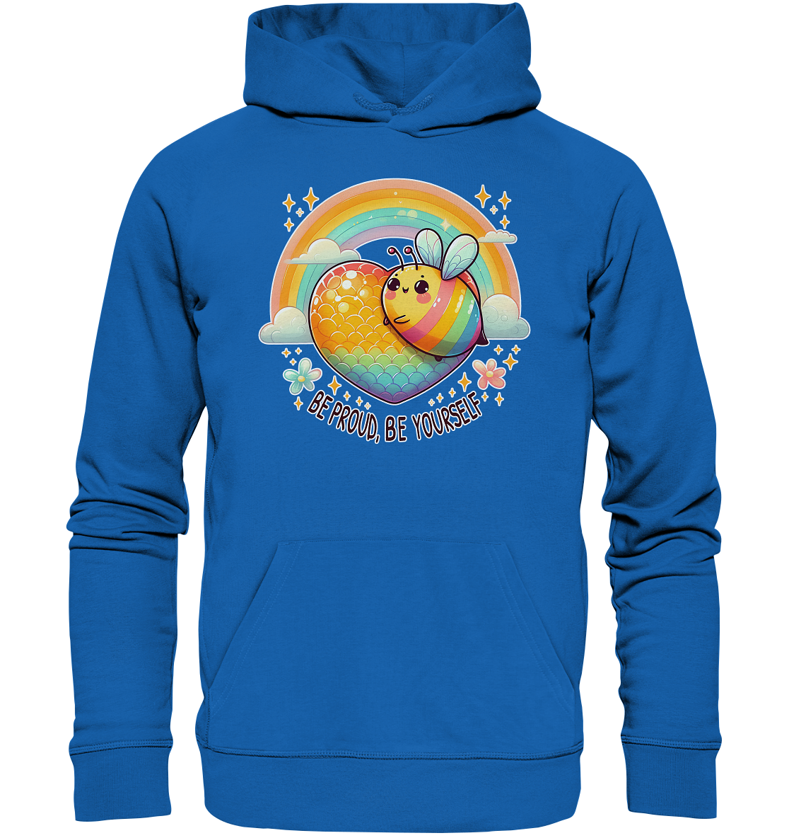 Premium Unisex Hoodie with a rainbow-striped bee inside a colorful heart and rainbow, symbolizing love and individuality.