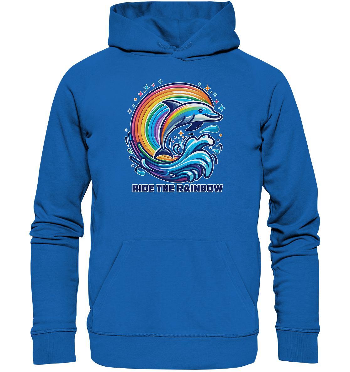 Colorful dolphin jumping through rainbow waves on a blue unisex hoodie.