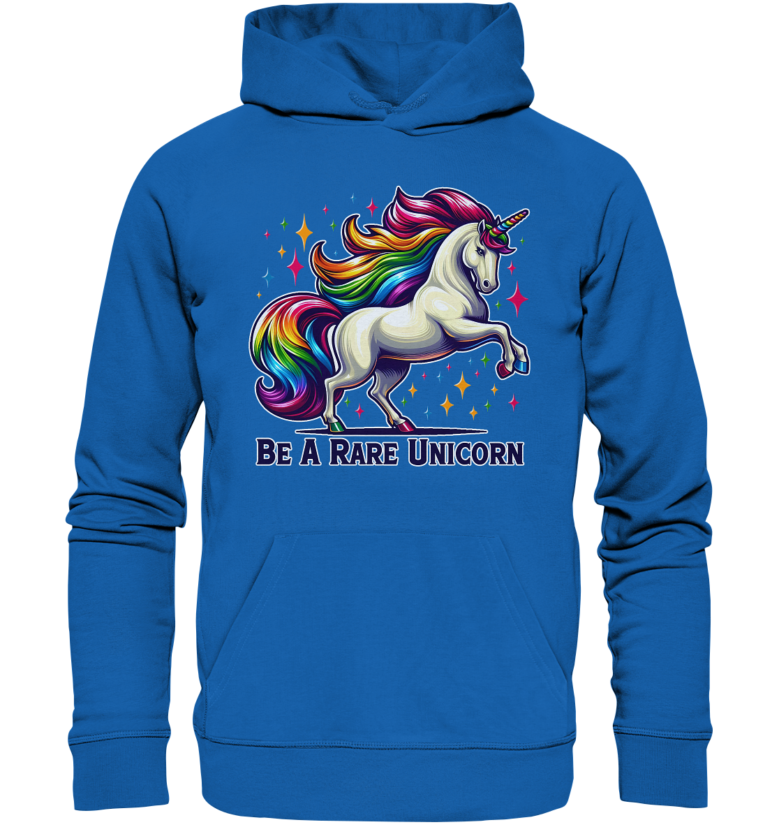 Unisex hoodie with a white unicorn and rainbow mane design, "Be A Rare Unicorn" text.