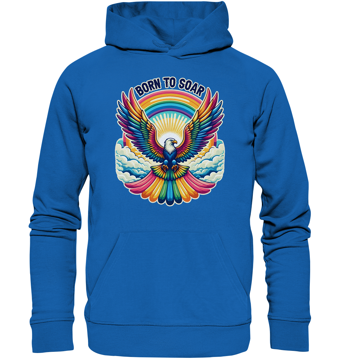 Majestic eagle with rainbow wings design on blue unisex hoodie, symbolizing freedom and strength, with text "Born to Soar".