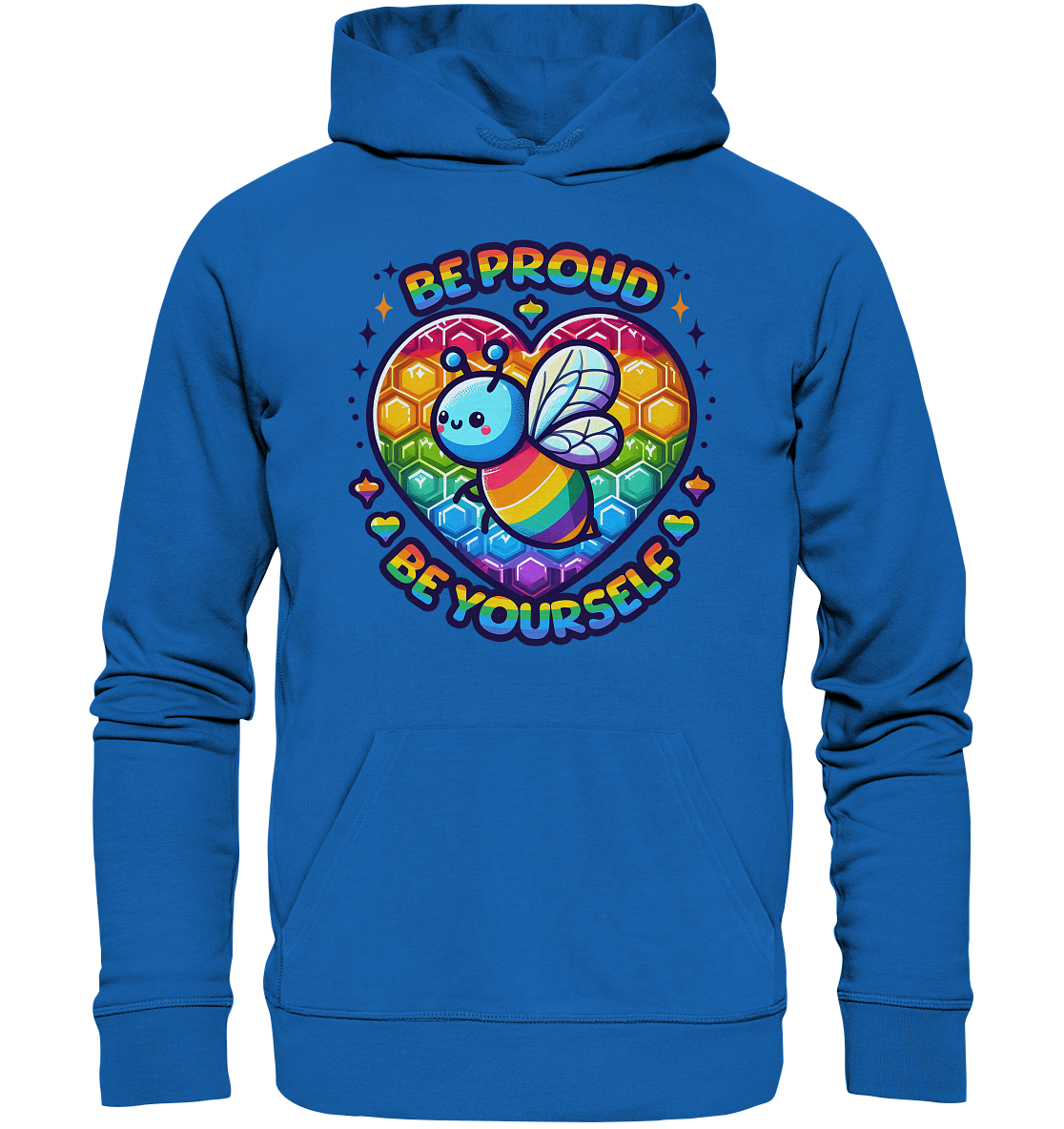 Unisex hoodie with rainbow bee design and "Be Proud, Be Yourself" slogan, featuring a colorful honeycomb pattern.