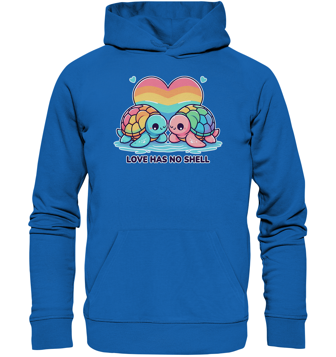 Rainbow turtles with a heart and "Love Has No Shell" slogan on a blue unisex hoodie.