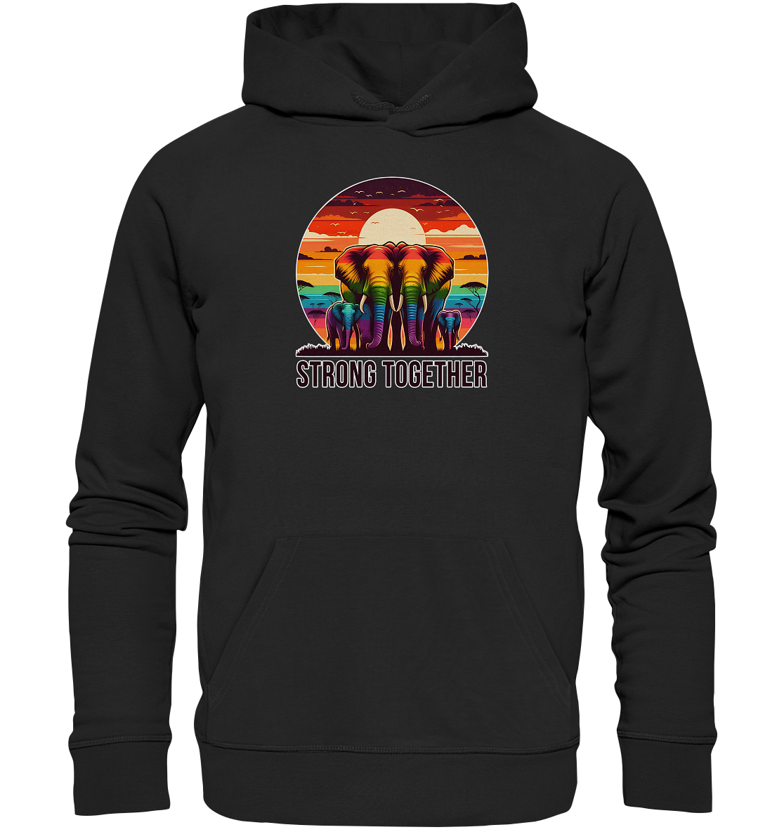 Rainbow elephants design on black hoodie with "Strong Together" text.