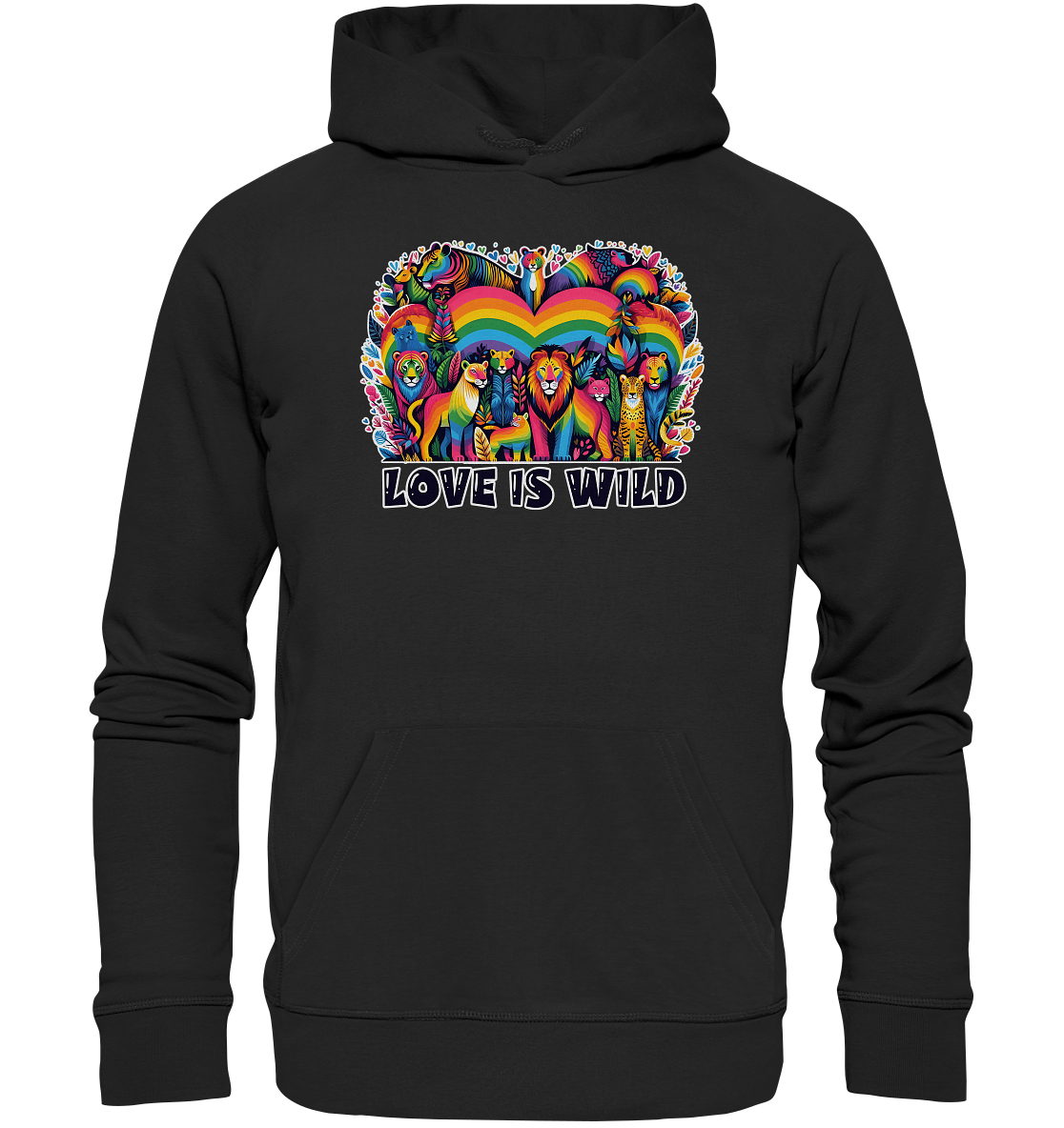 Love Is Wild hoodie with rainbow animal design and vibrant heart motif.