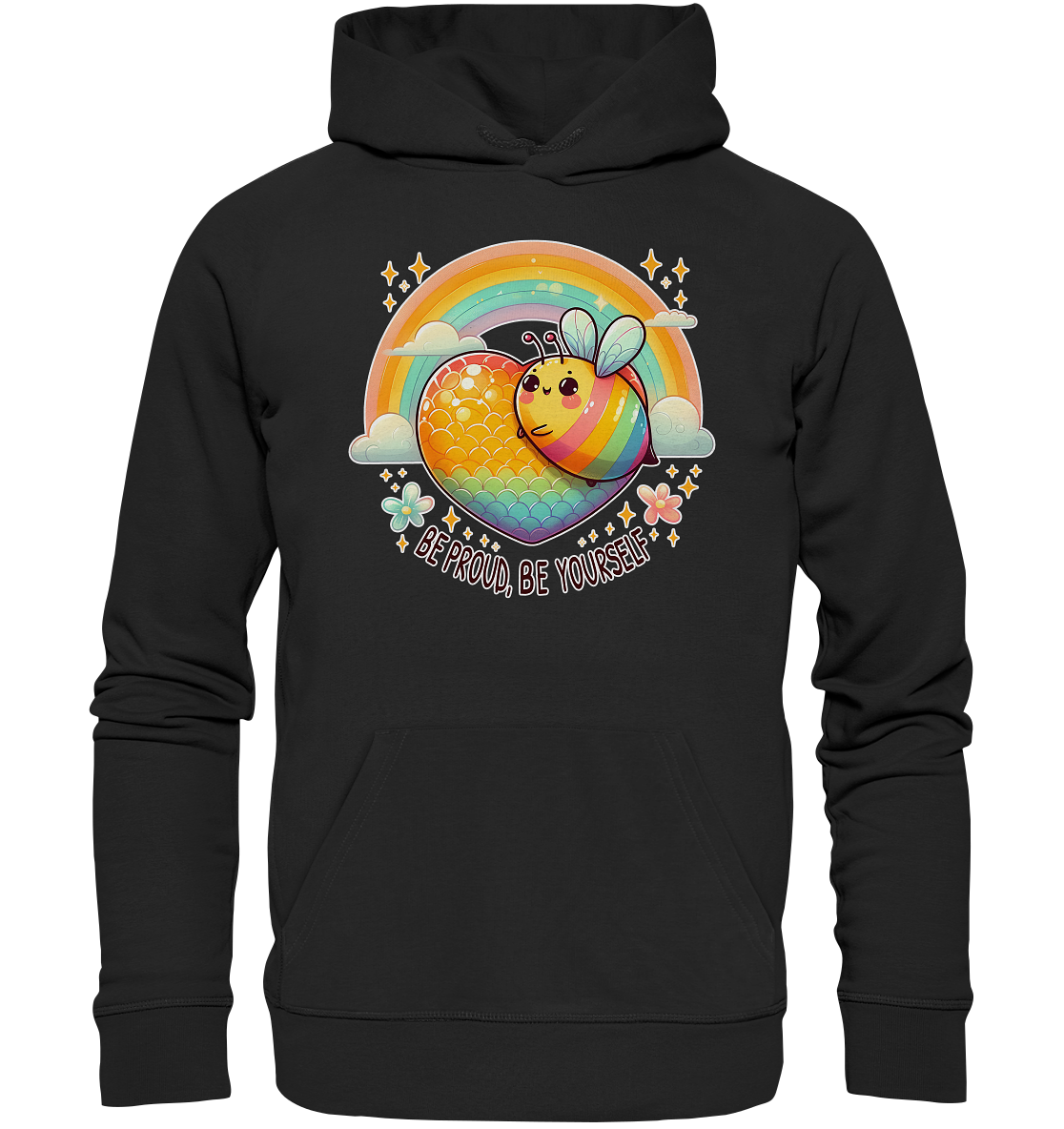 Fröhliche Regenbogen-Biene Hoodie mit buntem Herz und Regenbogenmotiv.
