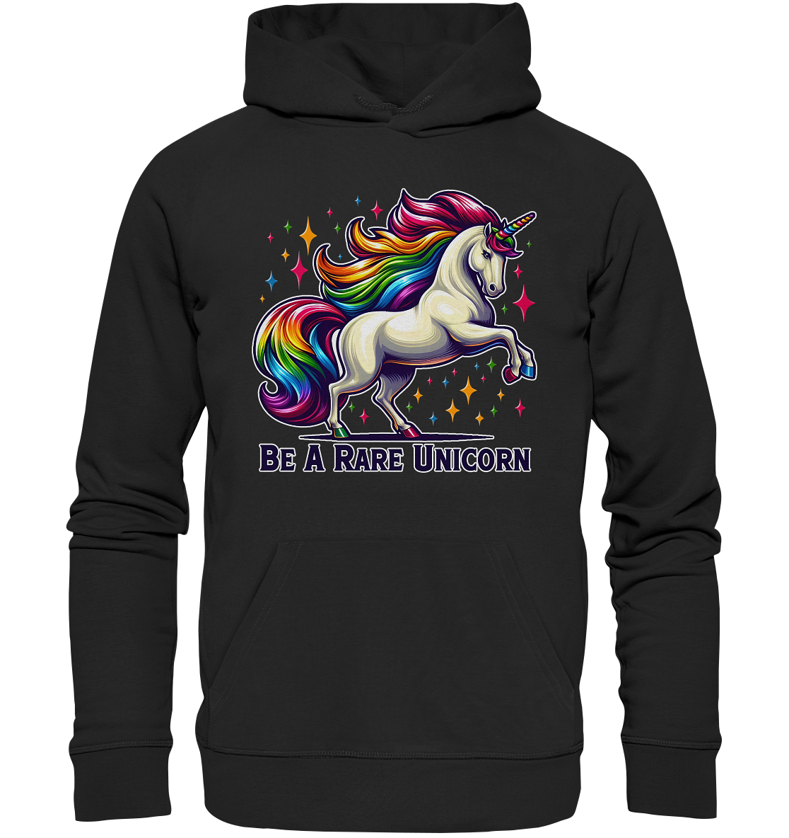 Unisex hoodie with colorful unicorn and "Be A Rare Unicorn" text design.