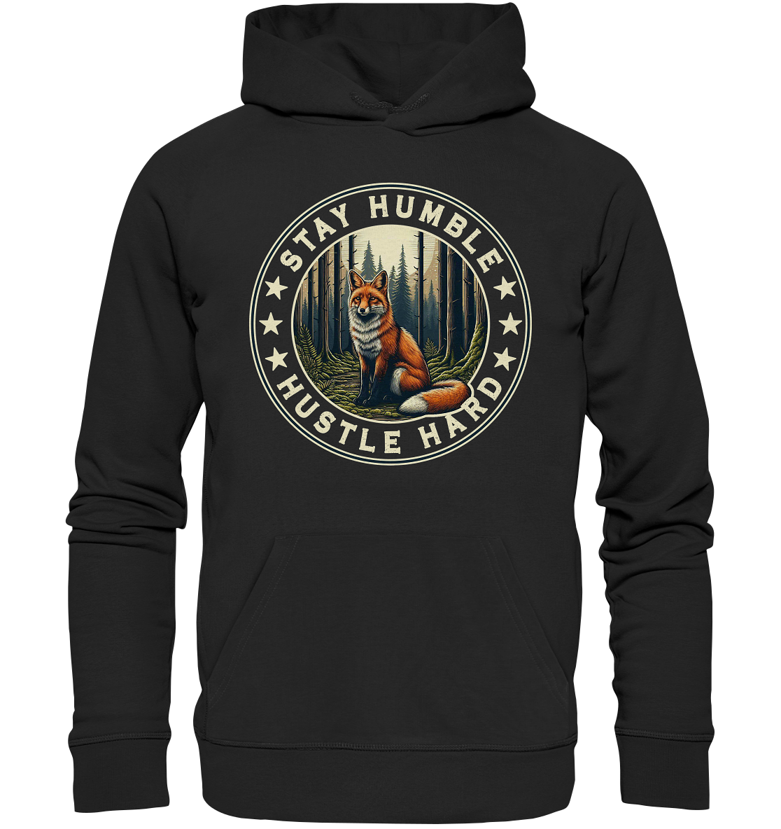 Unisex hoodie with "Stay Humble, Hustle Hard" fox and forest design.