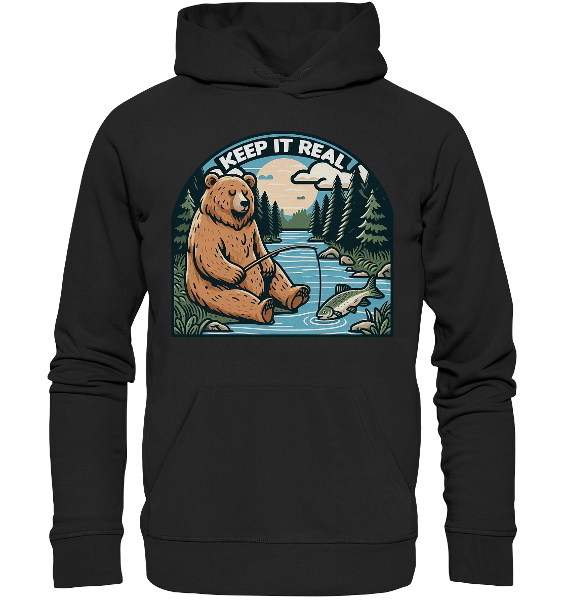 Keep it Real – Entspannter Bär beim Angeln - Premium Unisex HoodieFaunaFeels OnlineshopKeep it