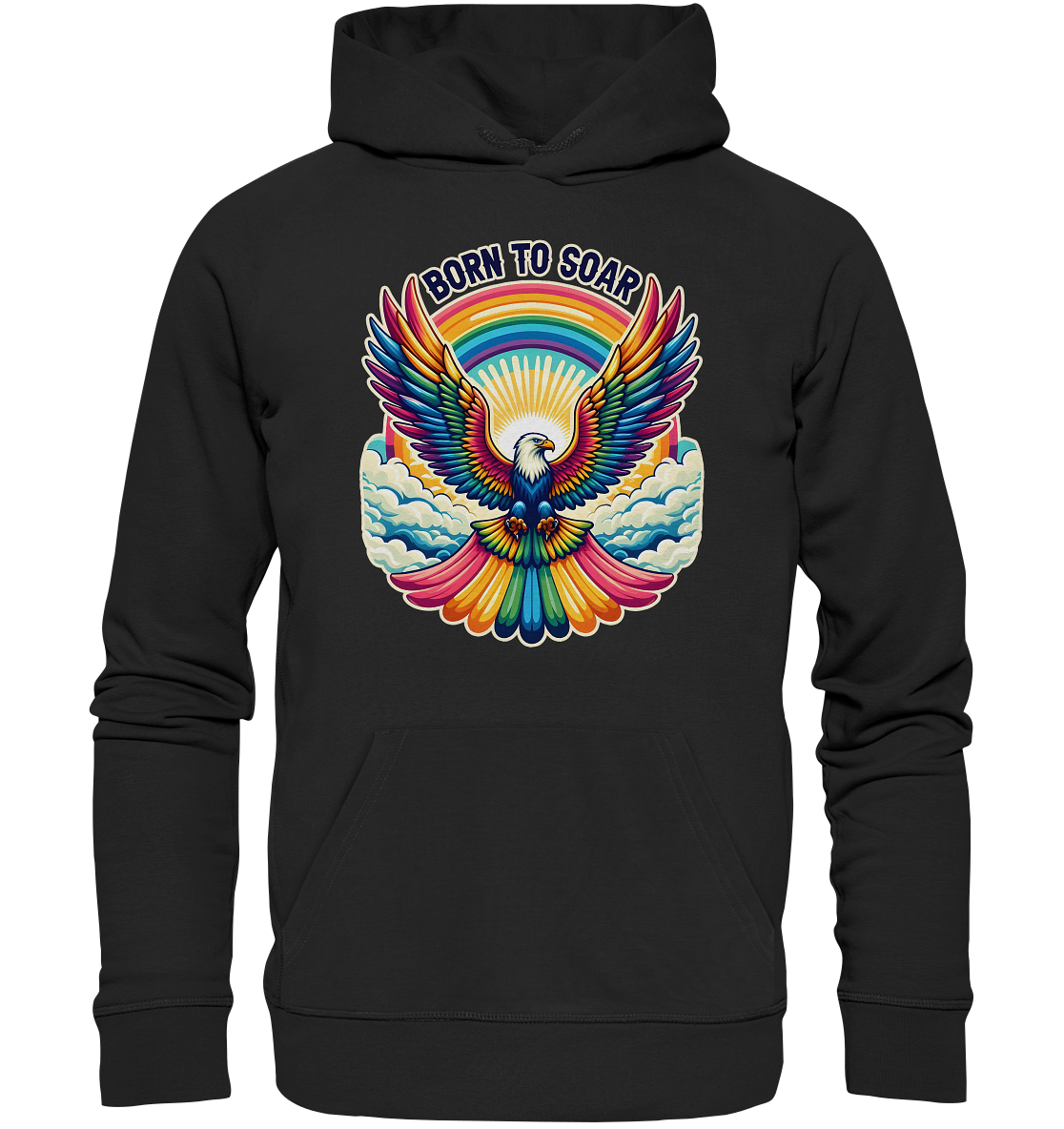 Majestic eagle with rainbow wings on "Born to Soar" unisex hoodie, symbolizing freedom under a vibrant sunrise.