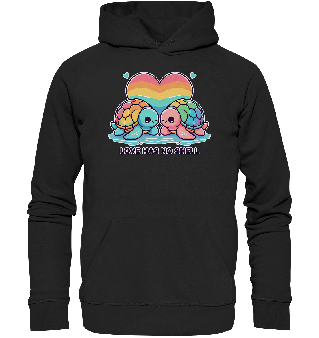 Premium unisex hoodie with rainbow turtles and "Love Has No Shell" message.