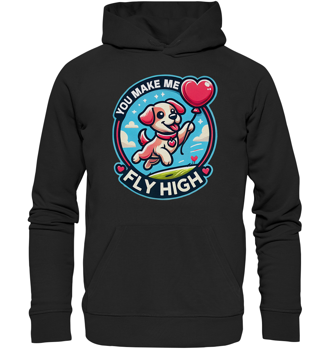 You Make Me Fly High - Verspielte Welpe mit Herzballon - Premium UniseFaunaFeels OnlineshopFly High - Verspielte Welpe mit Herzballon - Premium Unisex Hoodie