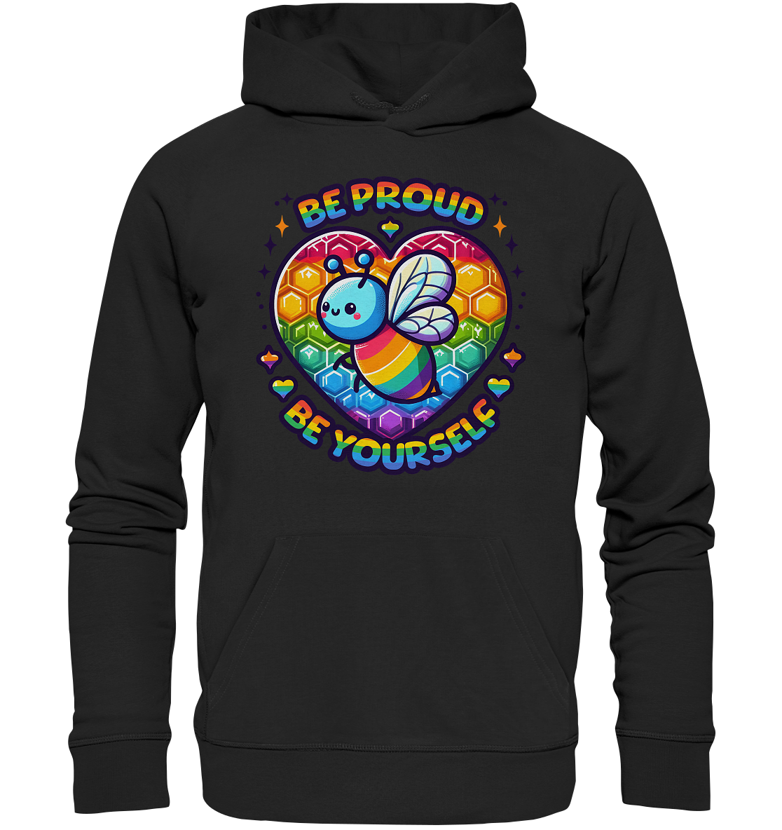 Unisex hoodie featuring a colorful rainbow bee with "Be Proud, Be Yourself" slogan, perfect for celebrating individuality and diversity.