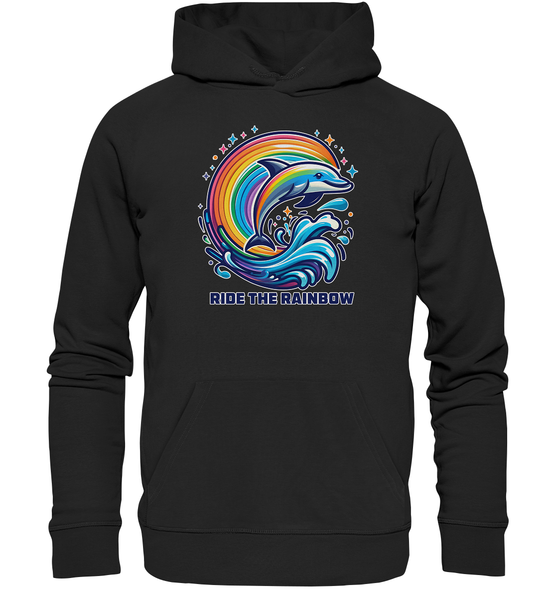 Rainbow dolphin jumping through colorful waves on a black hoodie - "Ride the Rainbow" design.