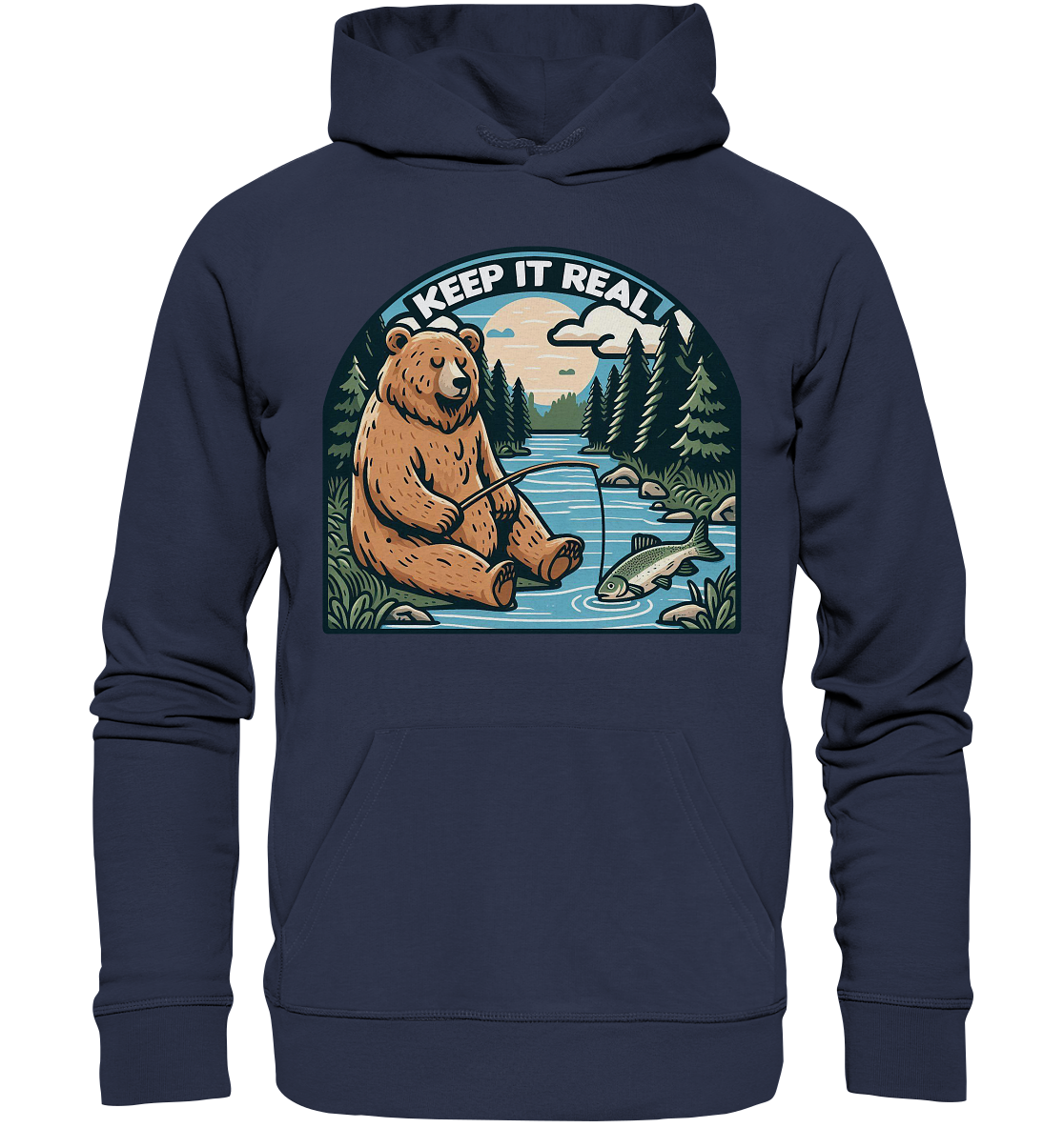 Keep it Real – Entspannter Bär beim Angeln - Premium Unisex HoodieFaunaFeels OnlineshopKeep it