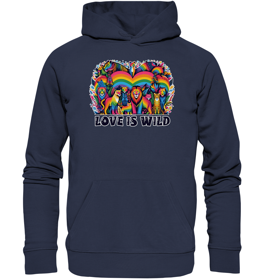 Wild animal rainbow heart design on navy premium unisex hoodie.