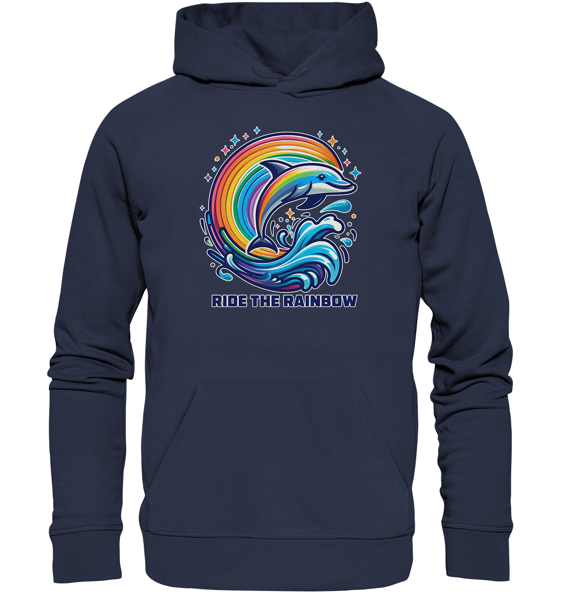Colorful dolphin in rainbow waves on navy blue hoodie, symbolizing freedom and positivity.