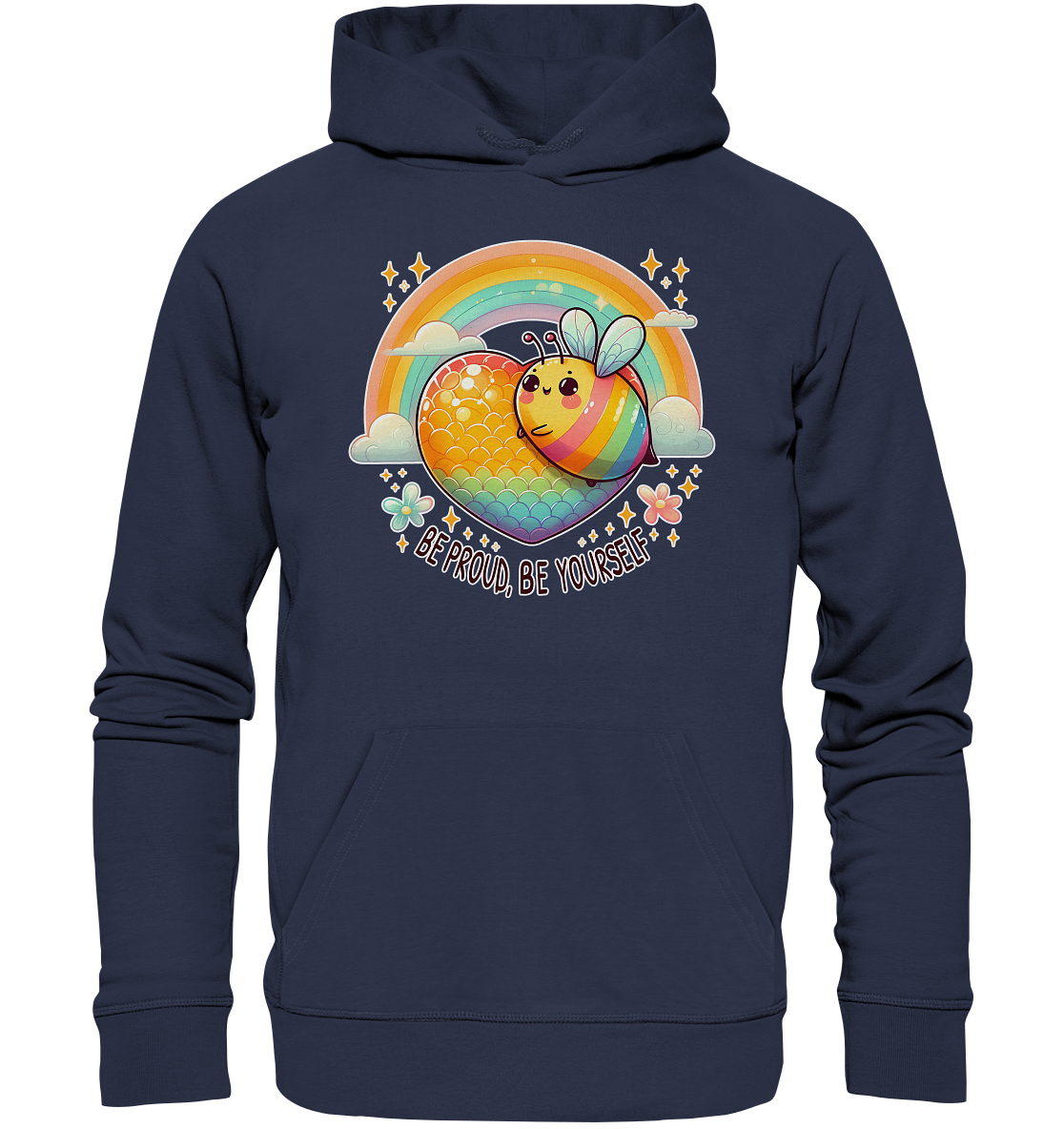 Fröhliche Regenbogen-Biene Unisex Hoodie with rainbow-striped bee design in a colorful heart.