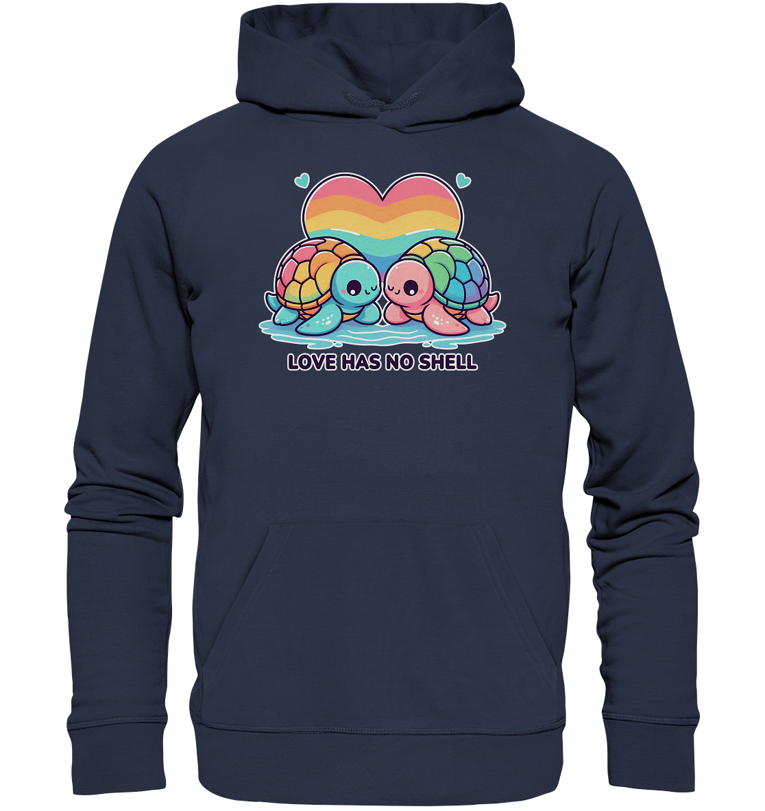 Premium unisex hoodie featuring cute rainbow turtles, big heart background, and "Love Has No Shell" slogan, symbolizing love, acceptance, and diversity.