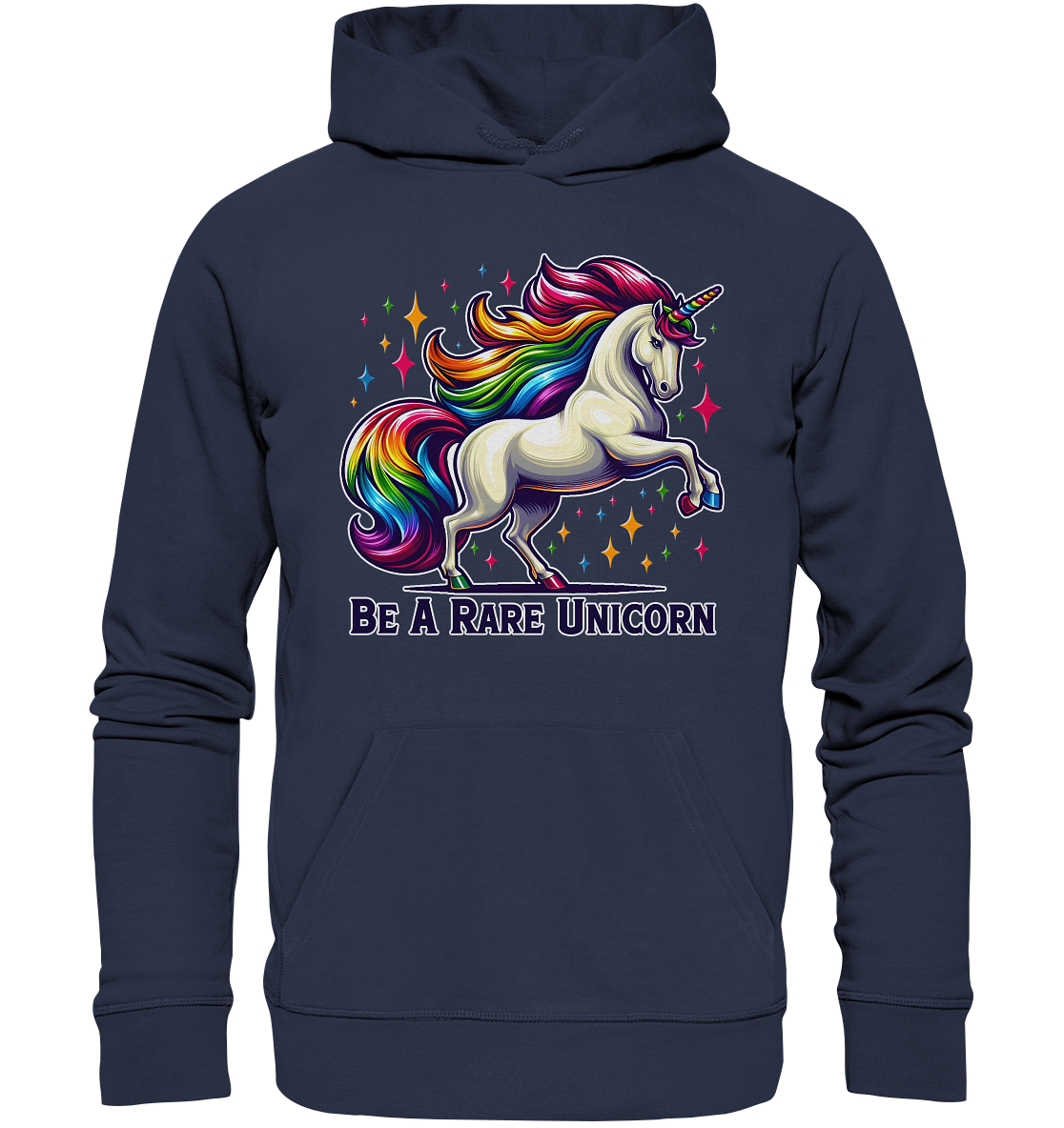 Be A Rare Unicorn – Premium Unisex Hoodie with rainbow-maned unicorn design.