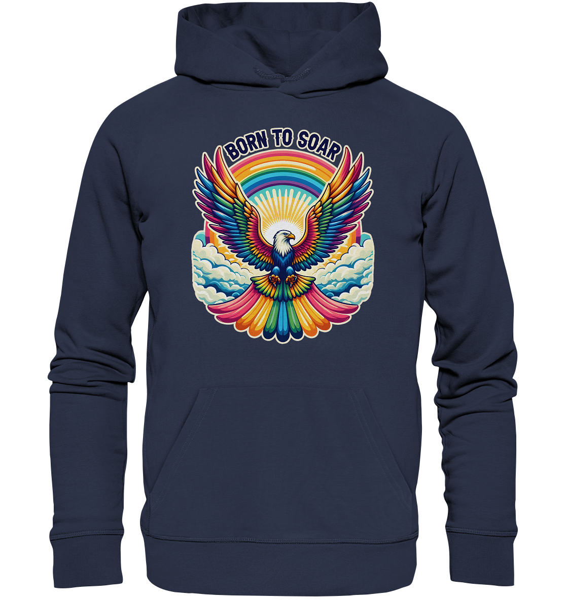Majestic eagle with rainbow wings on a premium unisex hoodie for "Born to Soar".