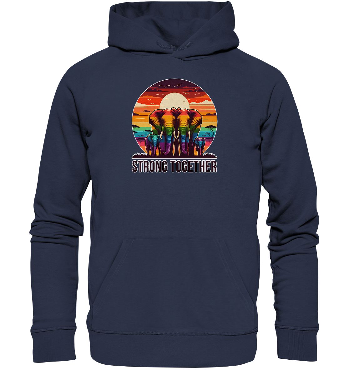 Rainbow elephants on sunset "Strong Together" hoodie symbolizing unity and LGBTQ+ pride.
