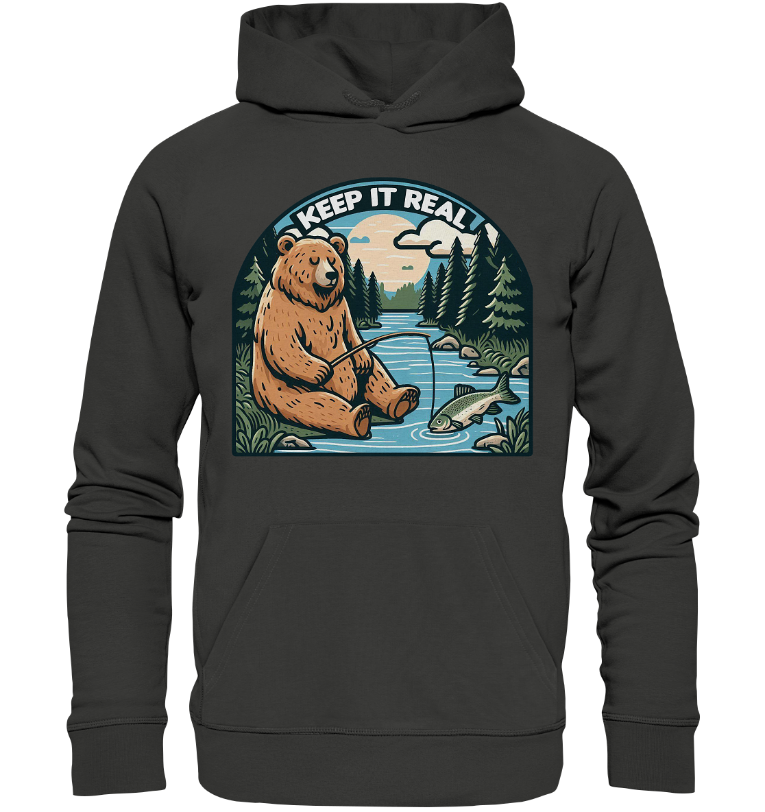 Keep it Real – Entspannter Bär beim Angeln - Premium Unisex HoodieFaunaFeels OnlineshopKeep it