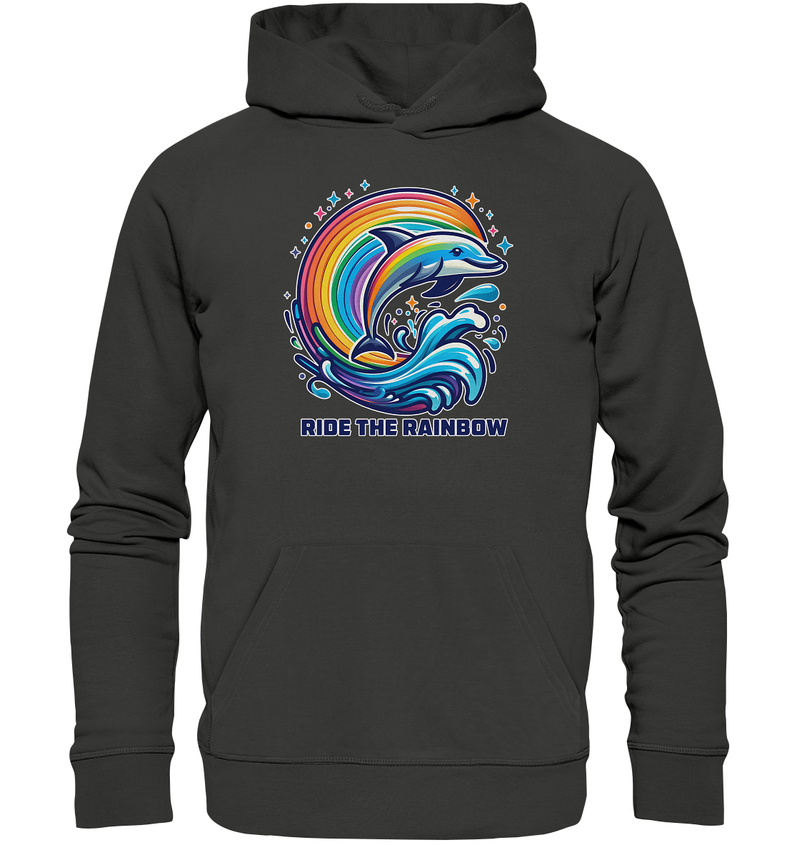 Colorful dolphin jumping through rainbow waves on a black hoodie.