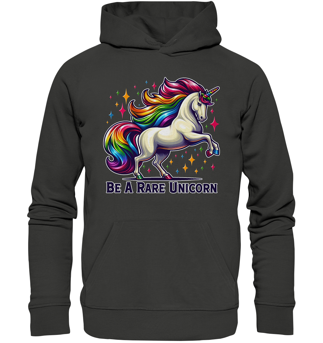 Unisex hoodie with "Be A Rare Unicorn" design featuring a white unicorn with a rainbow mane and stars.