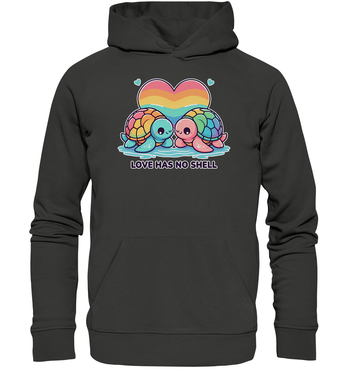 Cute rainbow turtles on hoodie with "Love Has No Shell" message and colorful heart backdrop.