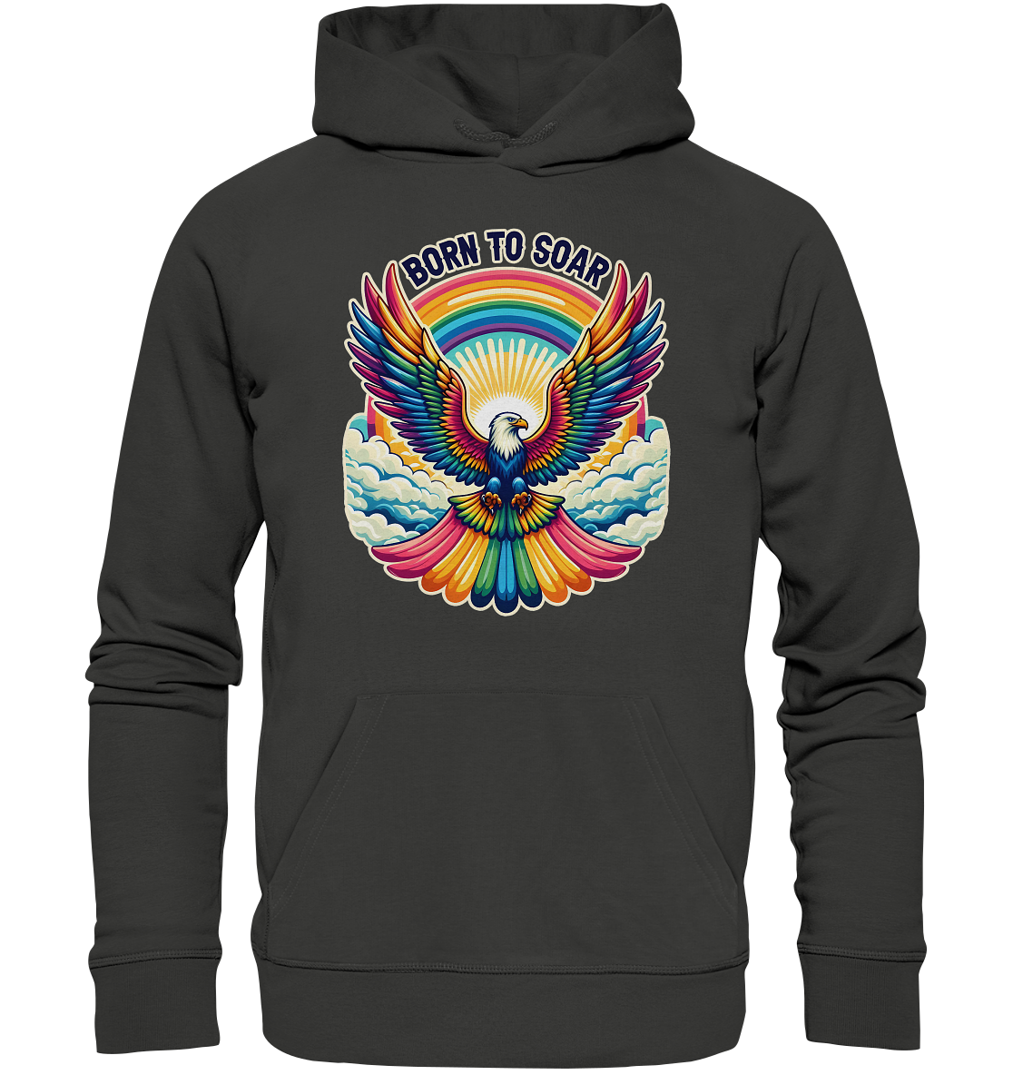 Majestic eagle with rainbow wings on unisex hoodie, symbolizing freedom and strength.