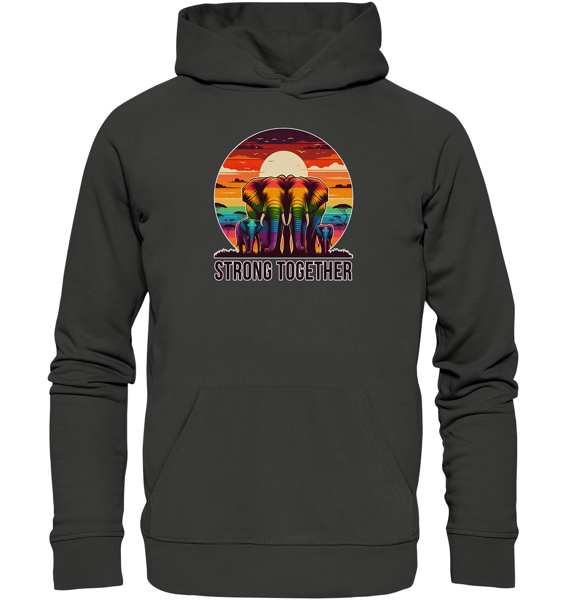 Premium unisex hoodie featuring a rainbow elephant family with "Strong Together" text against a sunset background.