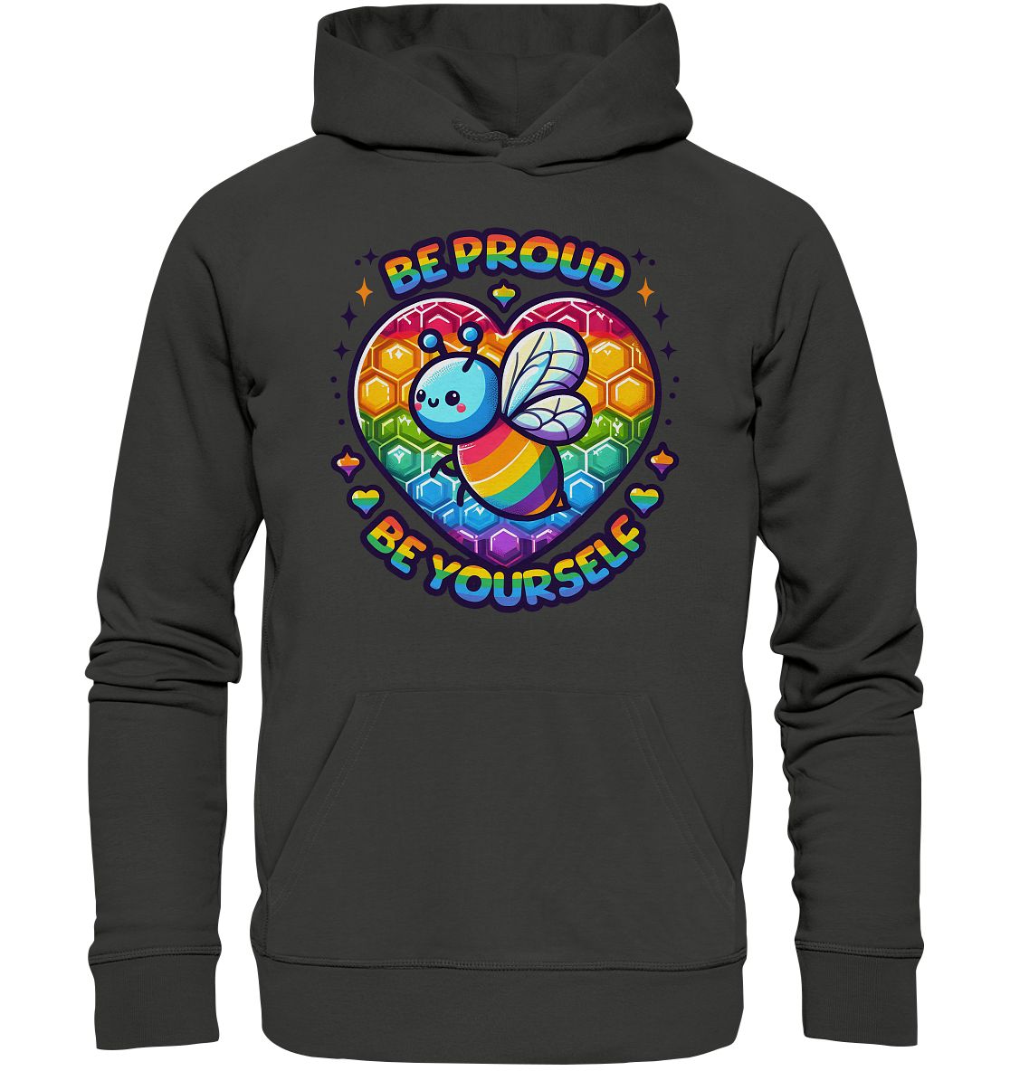Unisex hoodie with "Be Proud, Be Yourself" rainbow bee design, celebrating LGBTQ+ pride and diversity.