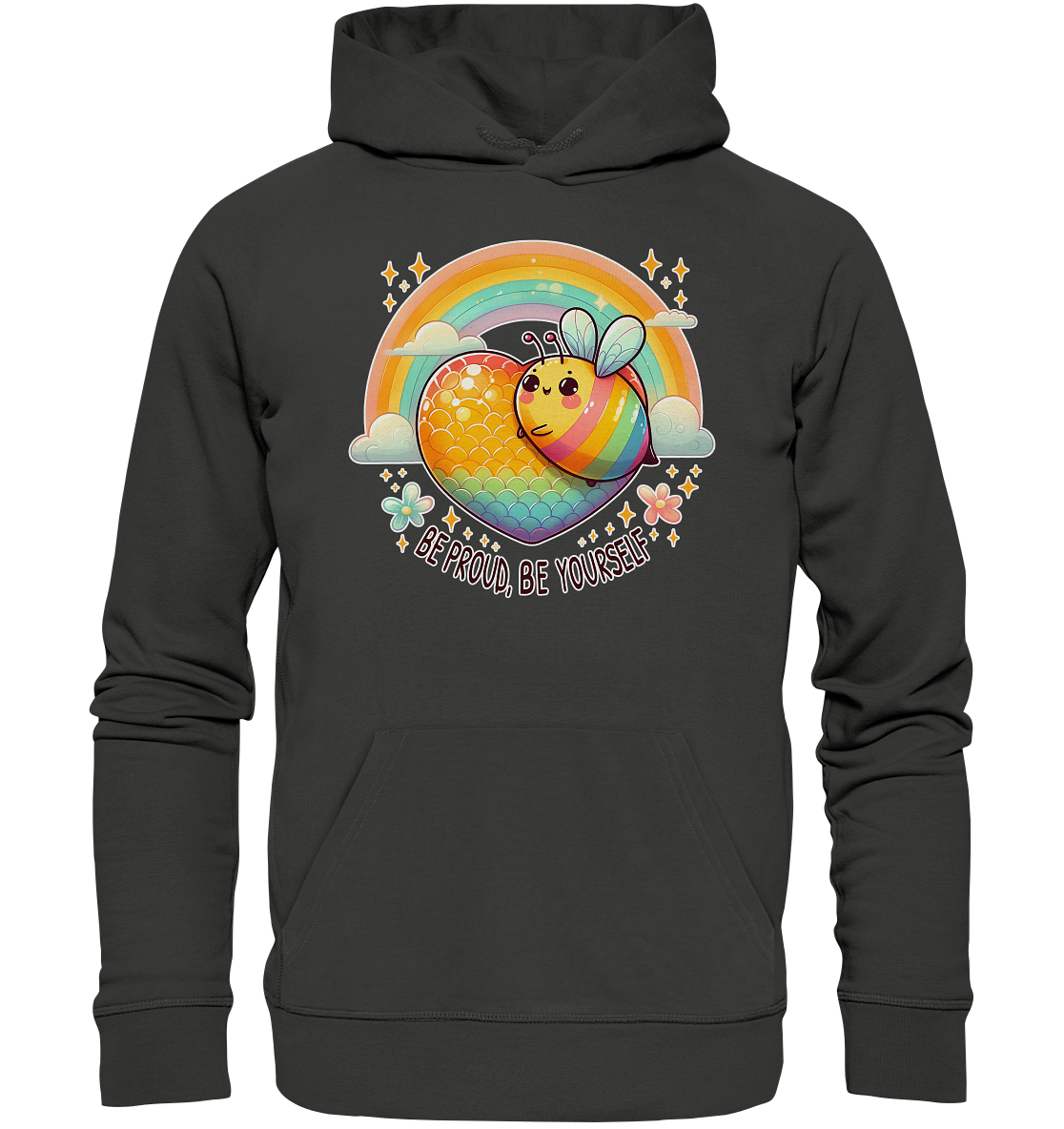 Fröhliche Regenbogen-Biene Unisex Hoodie mit farbenfrohem Bienenmotiv und Regenbogenstreifen.