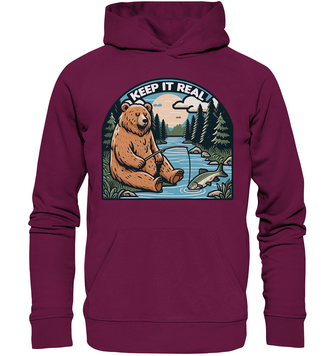 Keep it Real – Entspannter Bär beim Angeln - Premium Unisex HoodieFaunaFeels OnlineshopKeep it