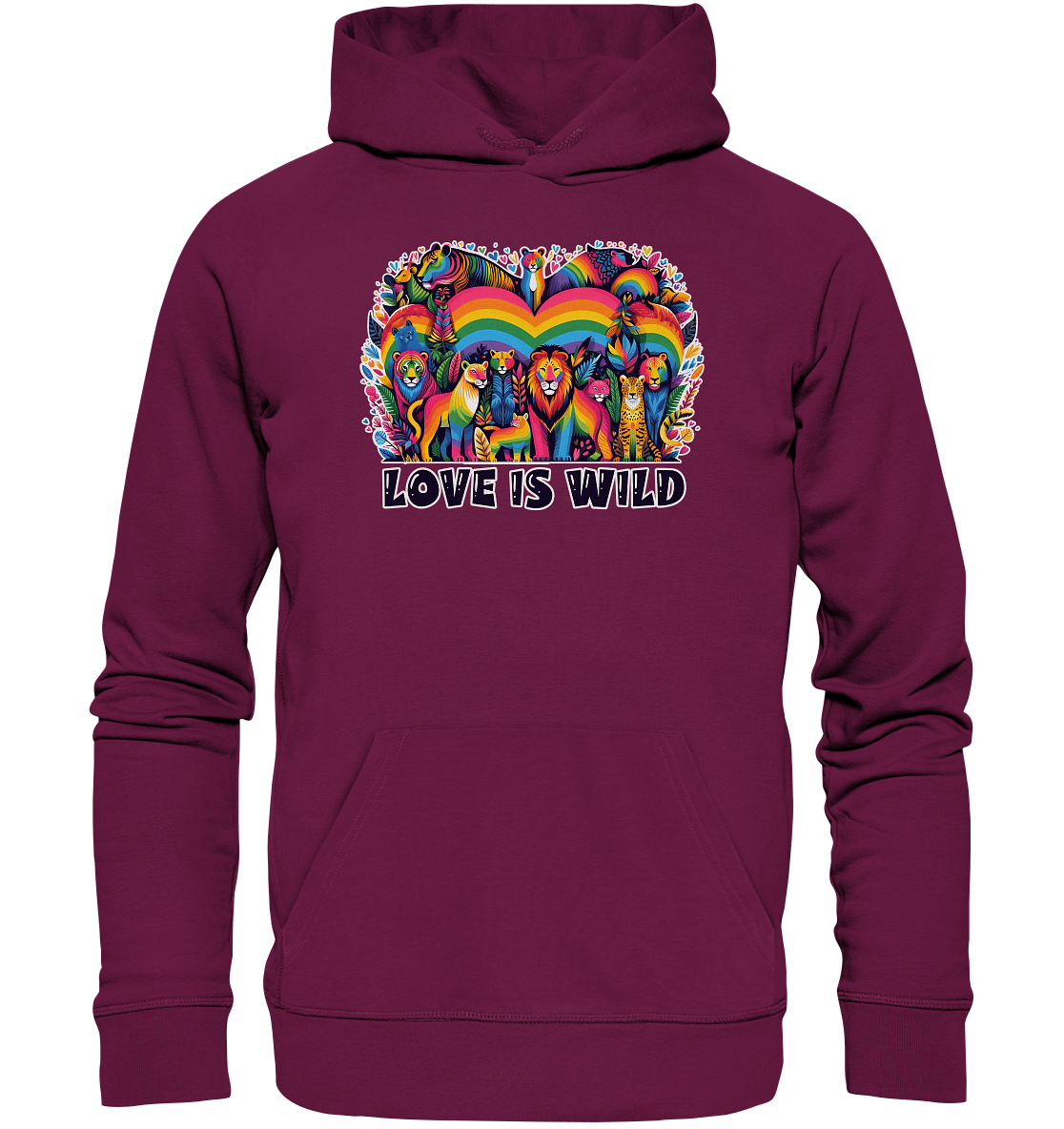 Majestic wild animals with a rainbow heart design on a wine-colored unisex hoodie, symbolizing the power of love and diversity.