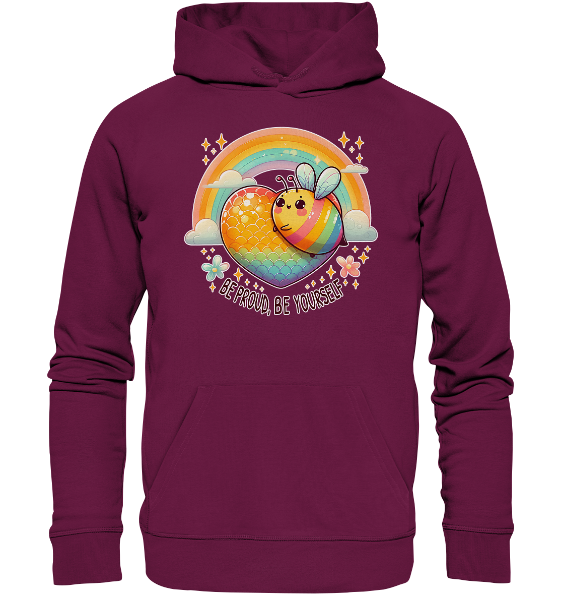 Fröhliche Regenbogen-Biene Hoodie mit Regenbogenstreifen und Herzmotiv.