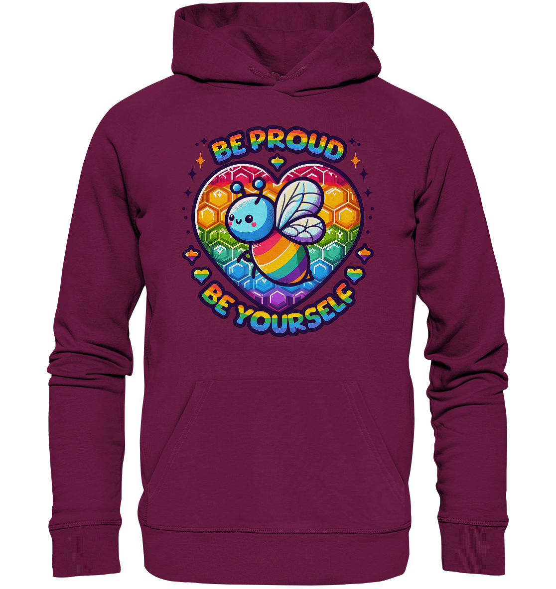 Premium unisex hoodie featuring a colorful rainbow bee design with "Be Proud, Be Yourself" text, representing love, acceptance, and diversity.