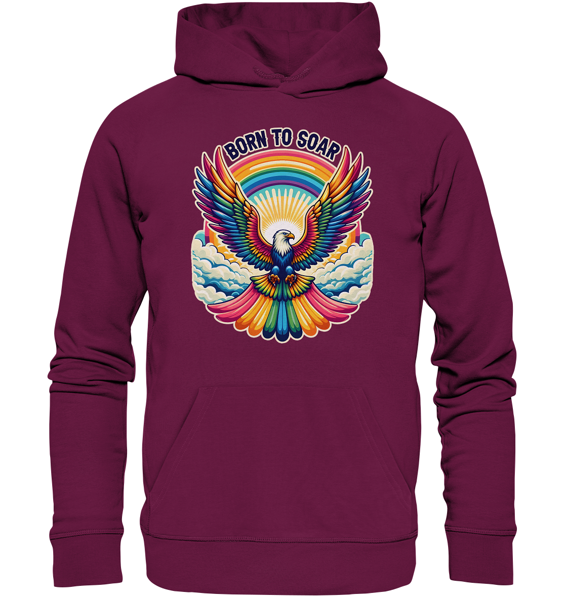 Majestic eagle with rainbow wings design on a premium unisex hoodie, symbolizing freedom and strength.