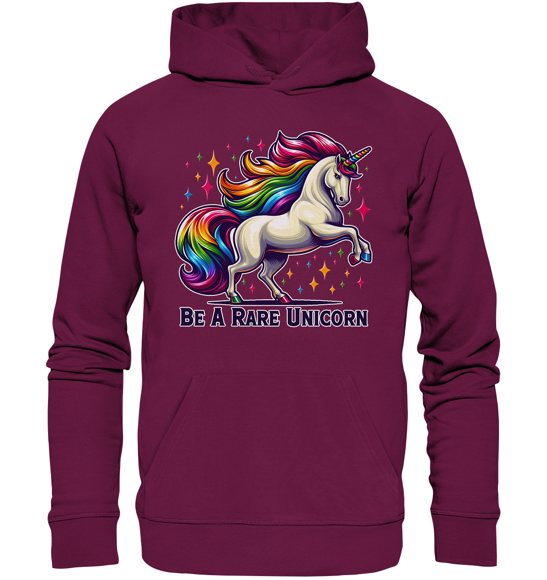 Premium unisex hoodie with "Be A Rare Unicorn" design featuring a white unicorn and rainbow mane.