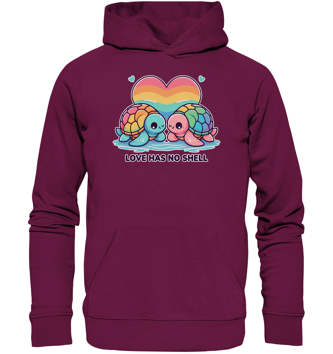 Premium unisex hoodie featuring cute rainbow turtles with a heart and "Love Has No Shell" message.