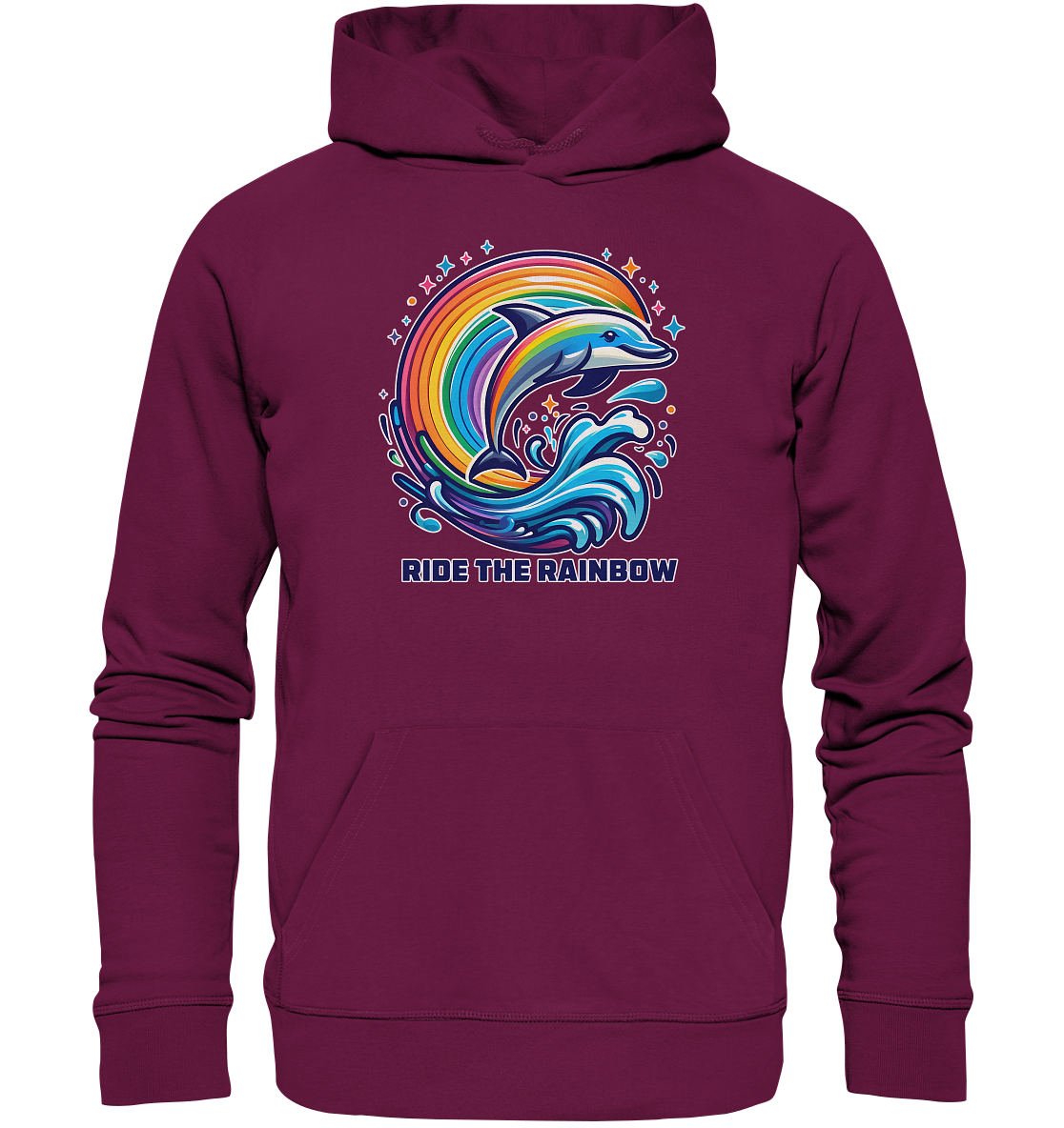 Colorful dolphin jumping through rainbow waves on unisex hoodie, symbolizing freedom and positivity.