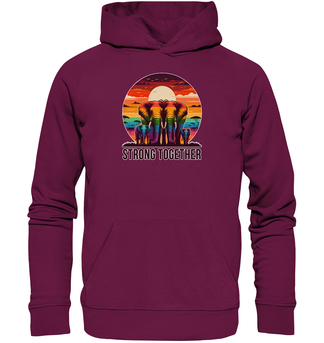 Regenbogen-Elefanten-Design auf lila Hoodie, „Strong Together“ Motiv, LGBTQ+ Pride Symbol.