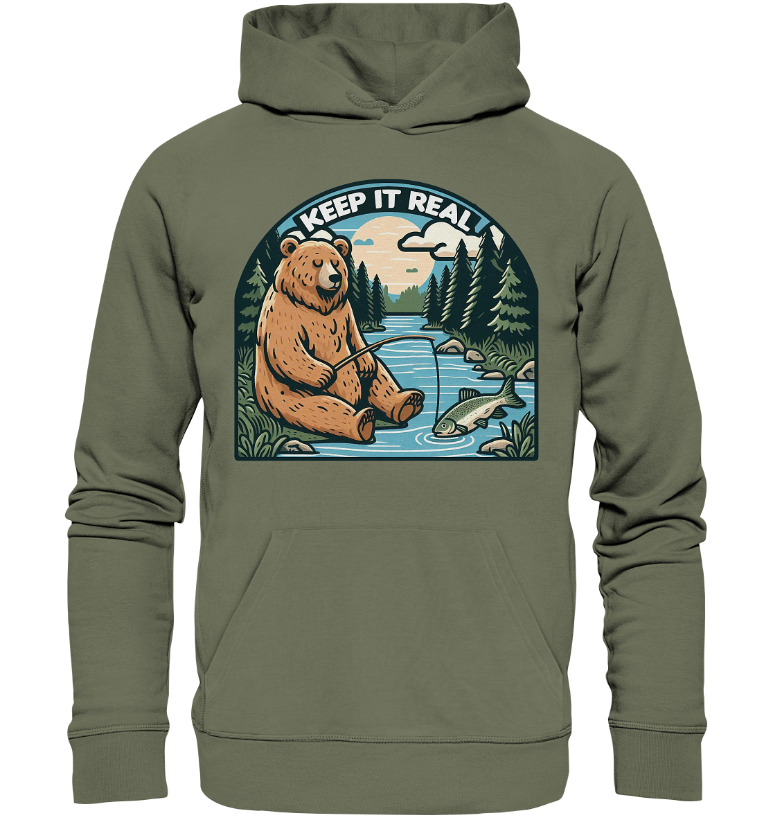 Keep it Real – Entspannter Bär beim Angeln - Premium Unisex HoodieFaunaFeels OnlineshopKeep it