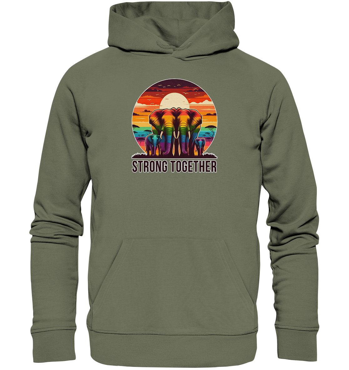 Premium unisex hoodie featuring rainbow-colored elephants and sunset with "Strong Together" text.