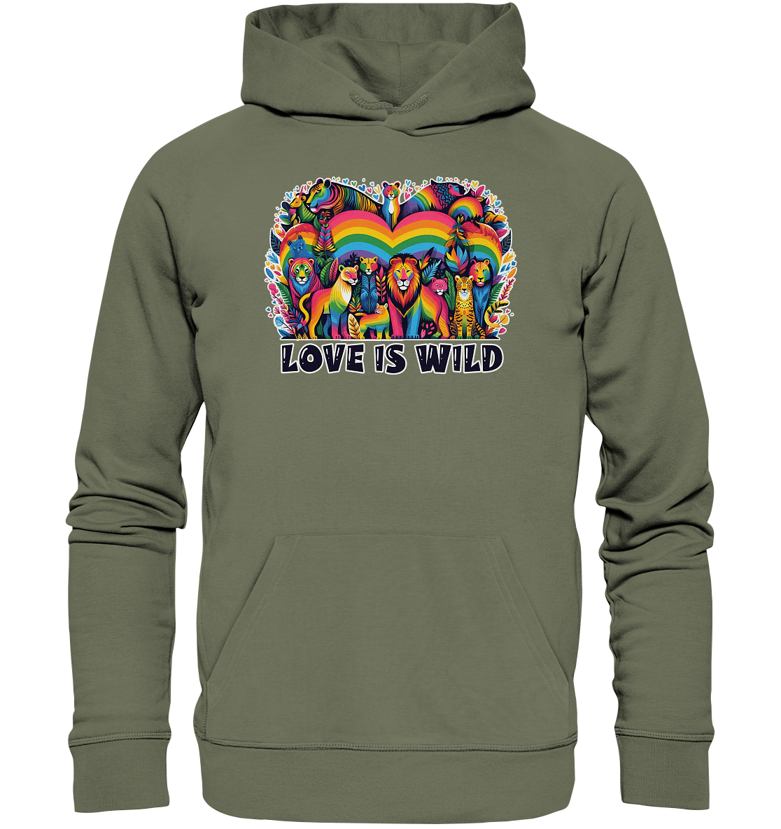 Premium unisex hoodie with vibrant rainbow heart and wild animals, symbolizing love and diversity.