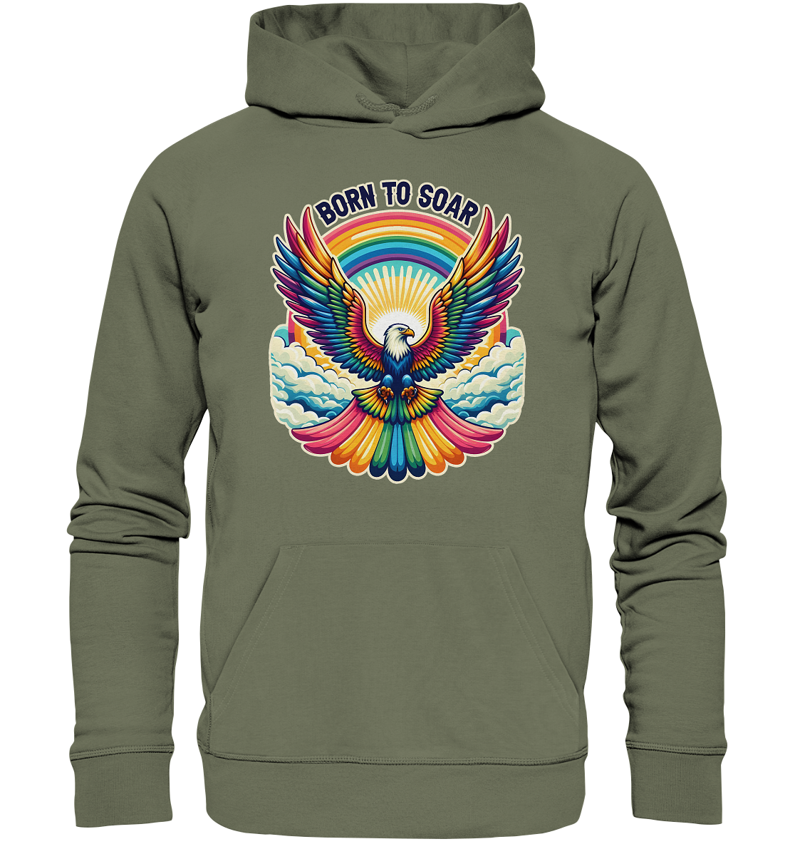 Premium unisex hoodie featuring a vibrant eagle with rainbow wings, symbolizing freedom and strength, set against a sunrise and rainbow background, titled "Born to Soar".