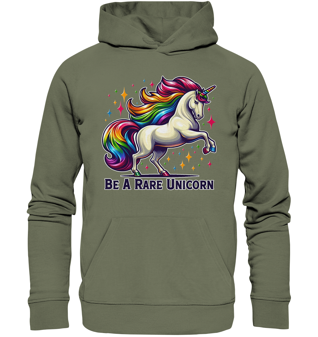 Premium unisex hoodie featuring a white unicorn with a rainbow mane and stars, "Be A Rare Unicorn" design.