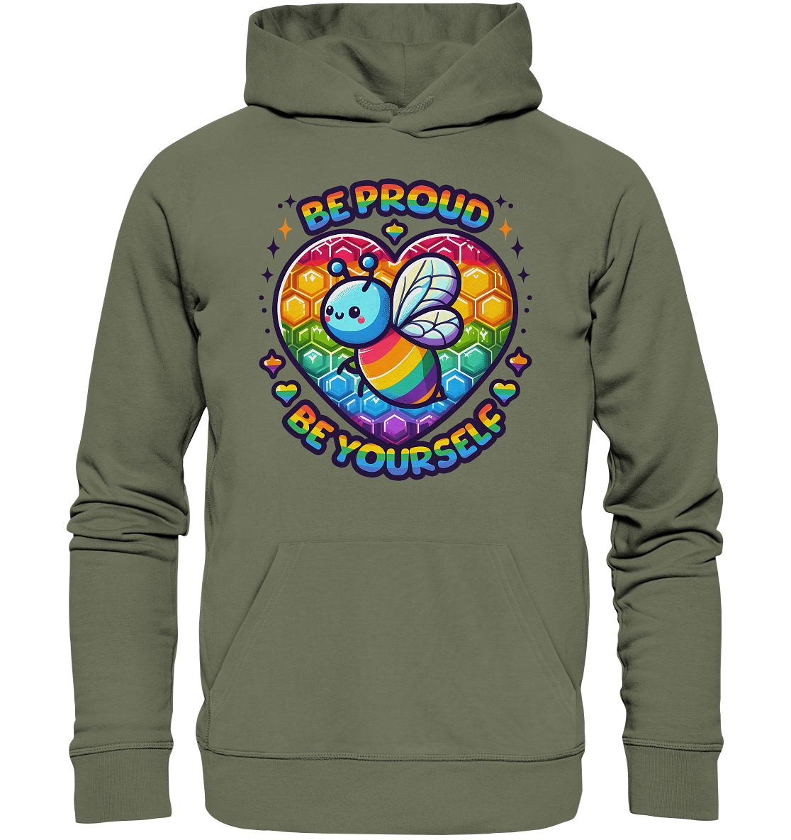 „Be Proud, Be Yourself“ – Süße Regenbogen-Biene - Premium Unisex HoodiFaunaFeels OnlineshopBe Proud Be Yourself