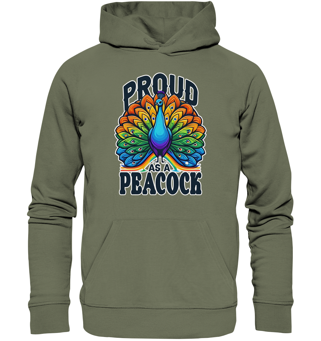 Unisex hoodie with rainbow peacock design and "Proud as a Peacock" text, symbolizing LGBTQ+ Pride and self-confidence.